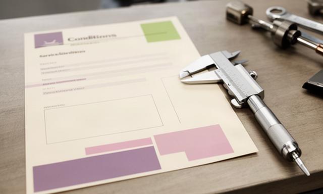 Documento de condiciones de servicio junto a una herramienta de precisión sobre una mesa de trabajo