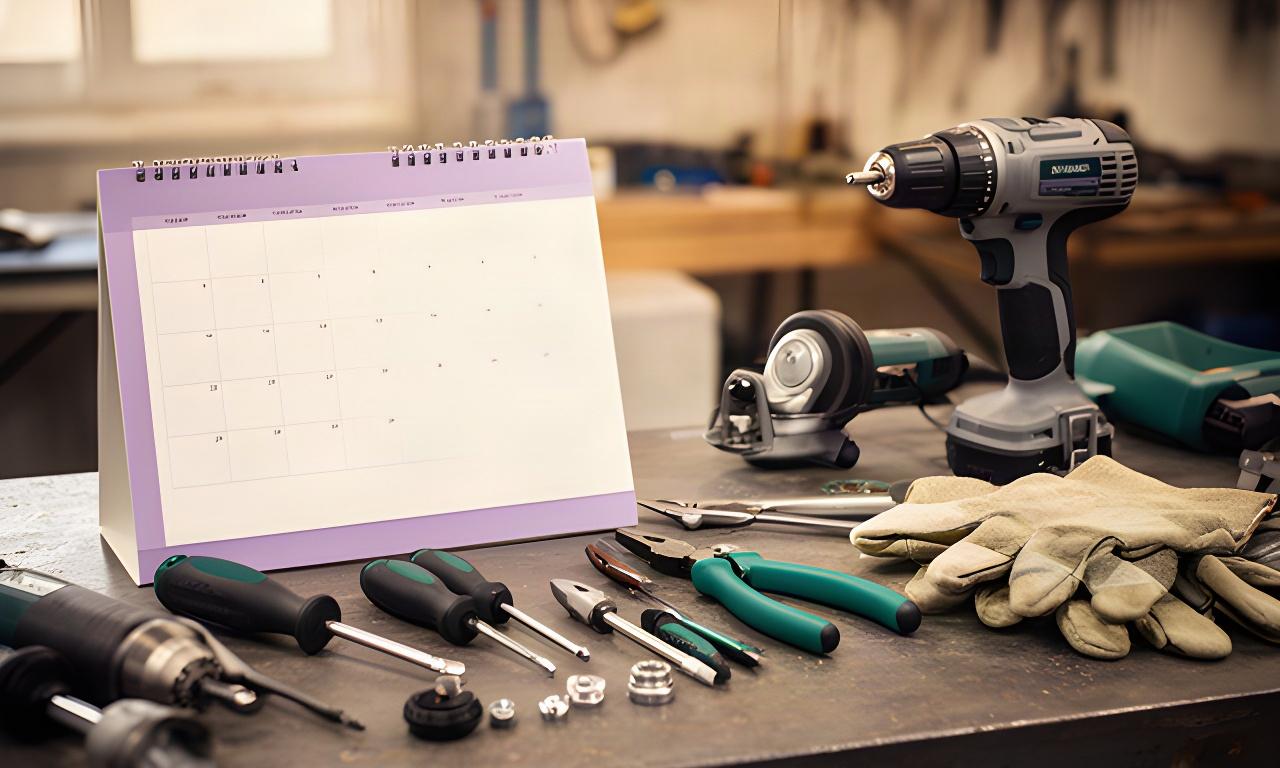 Calendario de reparación junto a herramientas eléctricas sobre una mesa de taller en Valencia