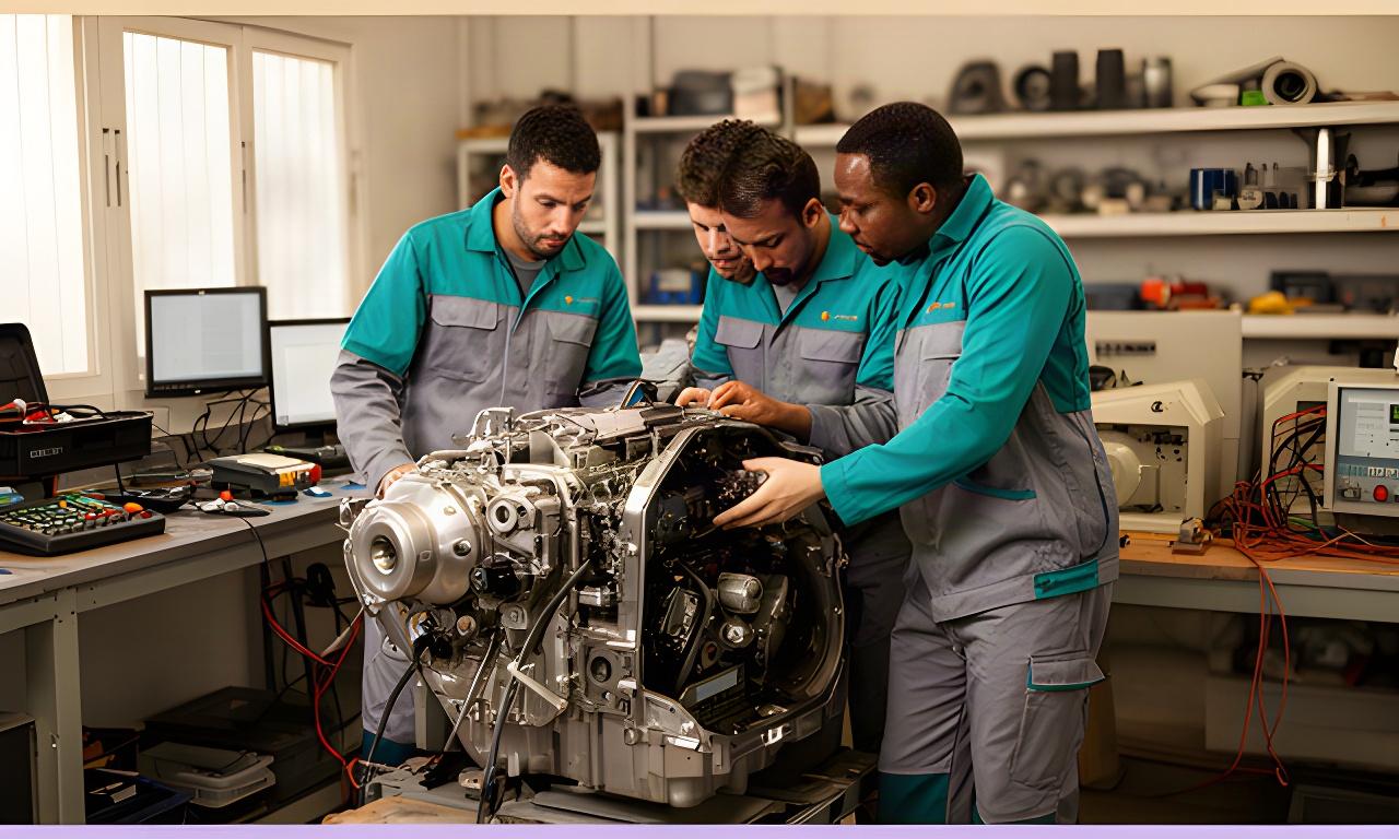 Equipo técnico de Delgado Reparación revisando maquinaria en un taller de Valencia